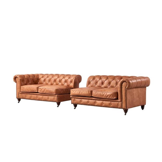 Italian Century Chesterfield Sofa - Light Chestnut Leather - 118" For Sale - Image 3 of 9