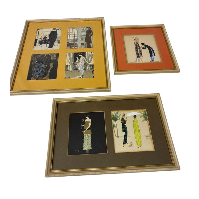 Original 1920’s Gazette Du Bon Ton Framed Pochior Fashion Illustrations by Boutet De Monvel, Brissaud, Duran, Marty, Puget, and Magnin - Set of 3 For Sale
