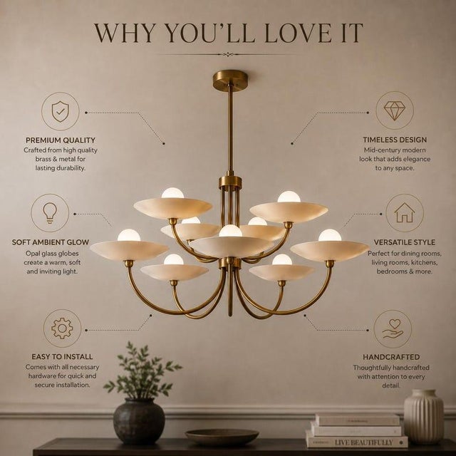 Brass 9 Light Brass Chandelier, Mid Century Modern Globe Light, Handmade Antique Brass Ceiling Fixture, Luxury Dining Room Lighting For Sale - Image 8 of 13
