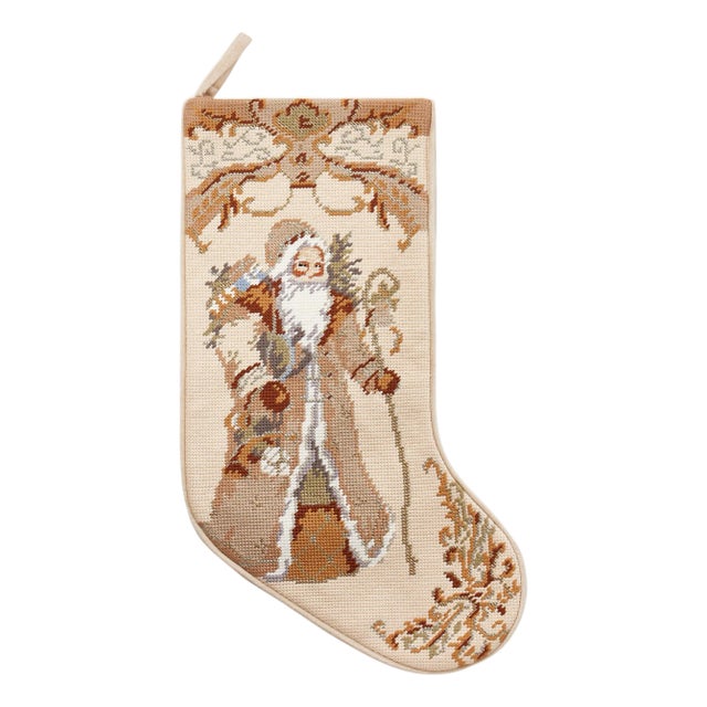 Santa with Gift Embroidered Needlepoint Stocking For Sale