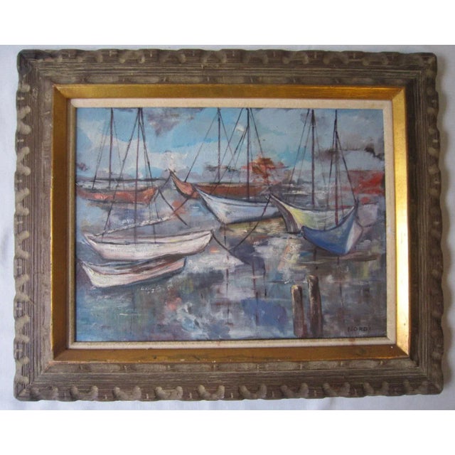 Wood Mid Century Painting Boats, Signed Nordi For Sale - Image 7 of 7