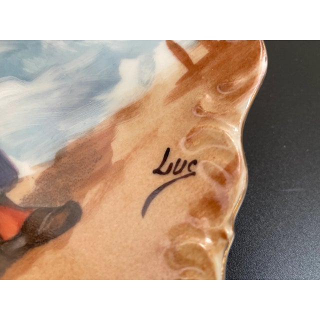 Blue Antique Limoges Hand Painted Dutch Peasant at the Seashore Portrait Wall Plate For Sale - Image 8 of 13