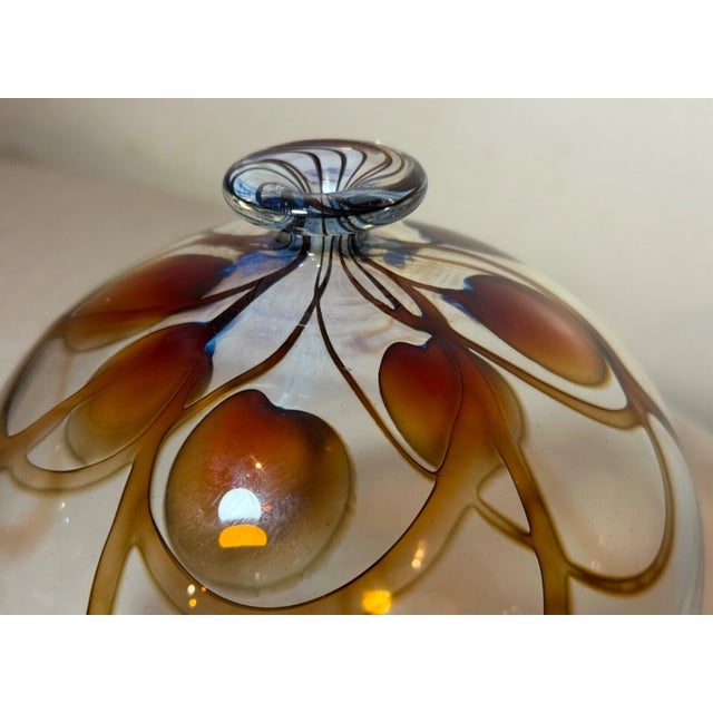 Vintage Hand Blown Signed Detailed Mary Angus Art Glass Iridescent Leaf Vase For Sale - Image 4 of 15