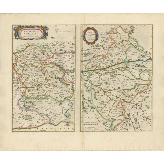 Antique Double Map of Perche, Blois, Orléans and Tours from Blaeu, 1642 For Sale