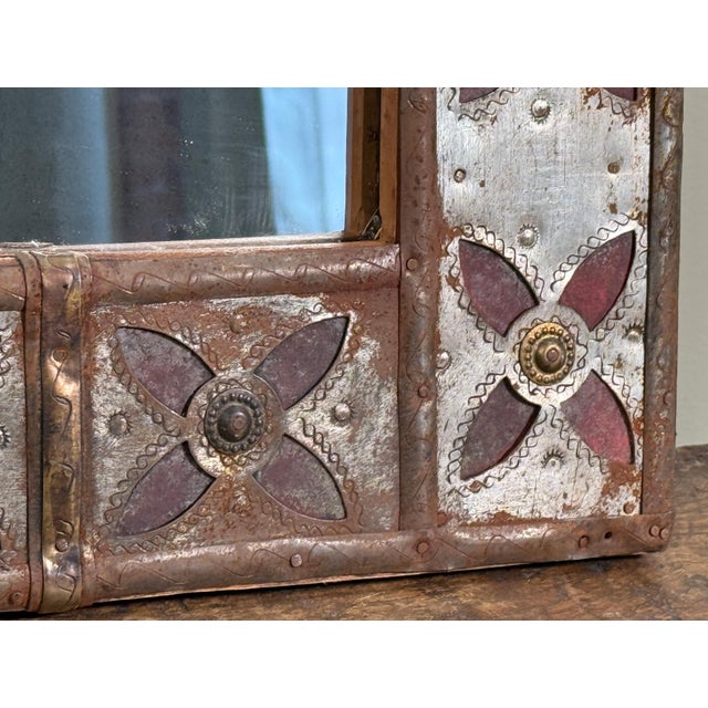 Late 20th Century Vintage Spanish Colonial Style Patchwork Cut Metal Wall Mirror With Moorish Motif Frame For Sale - Image 5 of 8