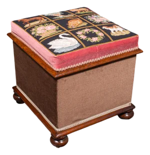Antique Ottoman Footstool, English, Needlepoint, Dressing Stool, Victorian, 1860