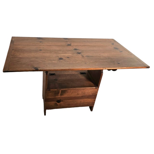 1980s Handmade Rustic Pine Drop-Leaf Table With Storage, Signed Folk Art RMC 1987 Pineapple Motif For Sale - Image 5 of 12