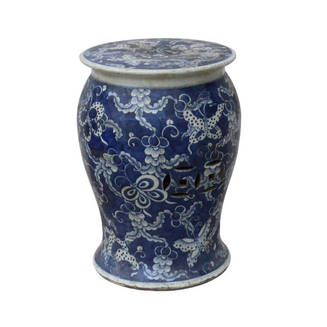 Asian Distressed Blue & White Porcelain Round Butterflies Stool Side Table For Sale - Image 3 of 7