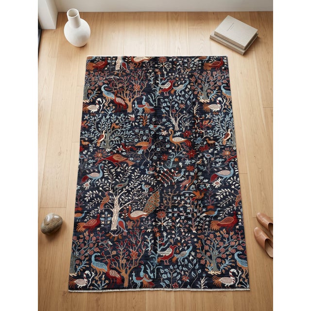 Traditional Tree of Life Area Rug, Hand-Knotted Wool, Pictorial, 6x9, Navy & Rust For Sale - Image 3 of 11
