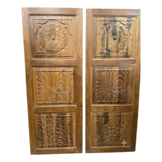 Midcentury Modern Floral Carved Door Wooden Barn Door Panels 80x30 For Sale