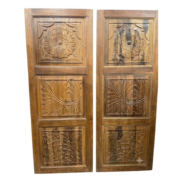 Rustic Modern Floral Carved Wooden Entry Door Panels 80x30 For Sale