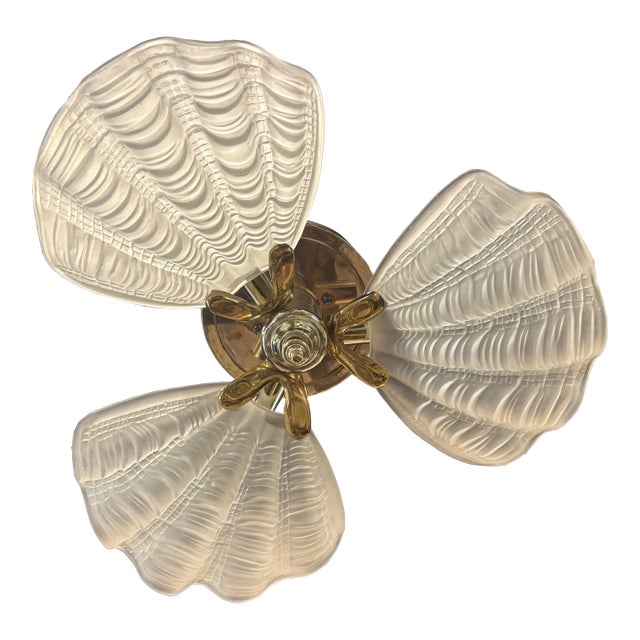 Vintage Murano Glass Ceiling Flush Mount Chandelier 3 Light Scalloped Clam Shell For Sale