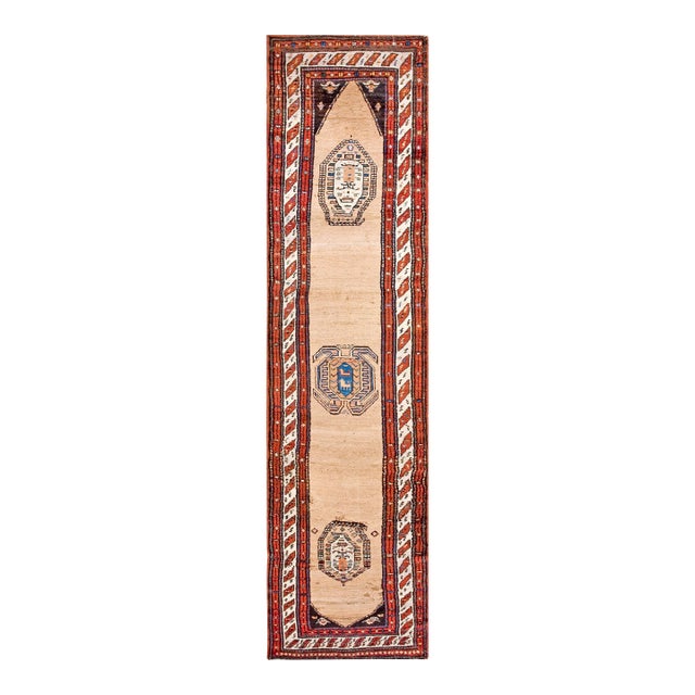 1920s Tan Camel Medallion Antique Persian Serab Rug 3' X 12'3" Handknotted Wool Carpet For Sale