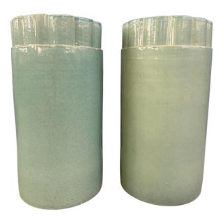 1920s Pair of Galloway Terra Cotta Co. Art Deco Aqua Glazed Floor Vases, Philadelphia For Sale
