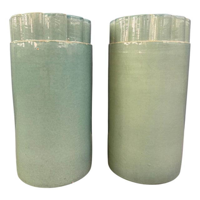 1920s Pair of Galloway Terra Cotta Co. Art Deco Aqua Glazed Floor Vases, Philadelphia For Sale