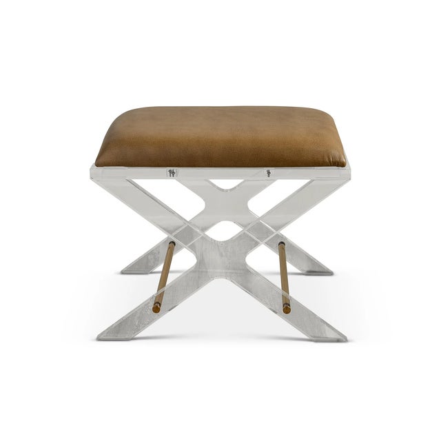 Uber chic clear lucite X shaped accent upholstery--our Delano Bench is the perfect vanity stool and/or designer accent...