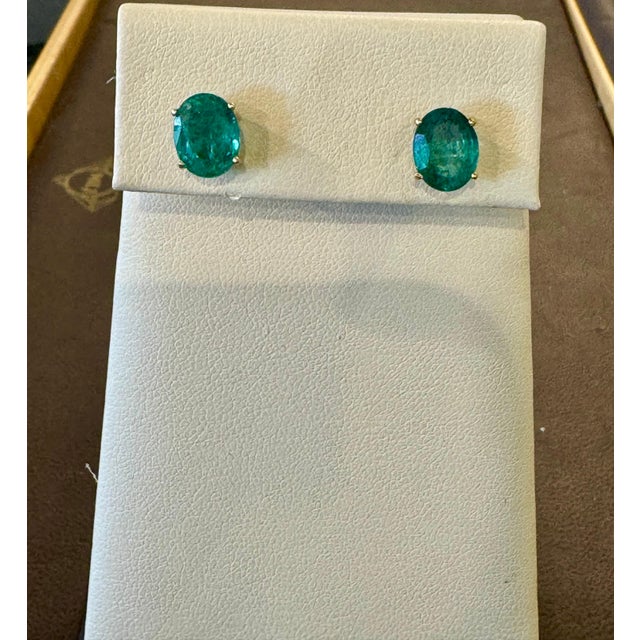 3 Carat Oval Natural Emerald Stud Post Earrings 14 Karat Yellow Gold For Sale - Image 13 of 18