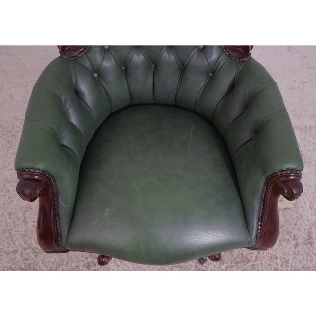 Carved Mahogany Frame Green Leather Office Desk Chair For Sale - Image 12 of 18