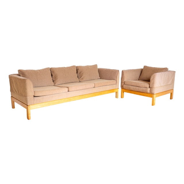 Mid-Century Modernist Sofa and Armchair in Blonde Maple and Upholstery attributed to Terence Conran, 1970s, Set of 2 For Sale