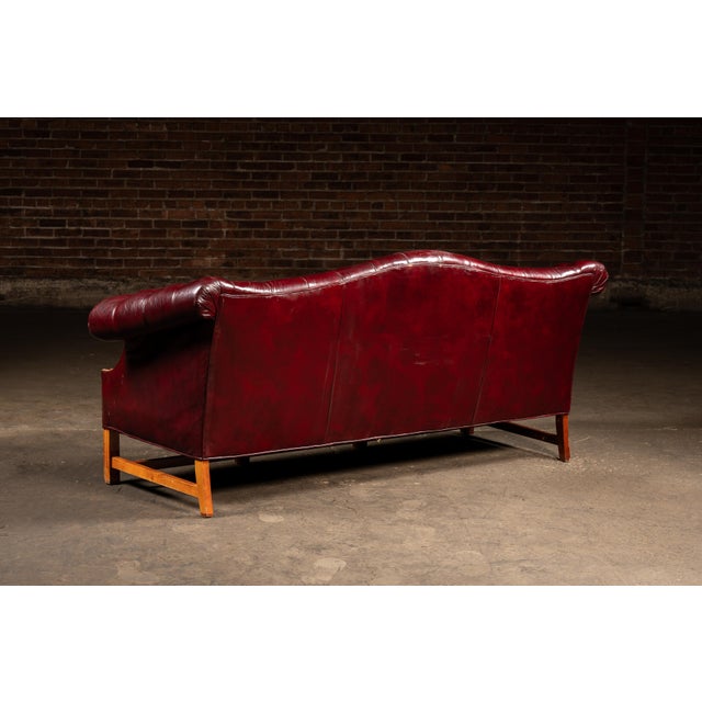 Vintage Chippendale-Style Camelback Chesterfield Leather Sofa in Oxblood For Sale - Image 4 of 13