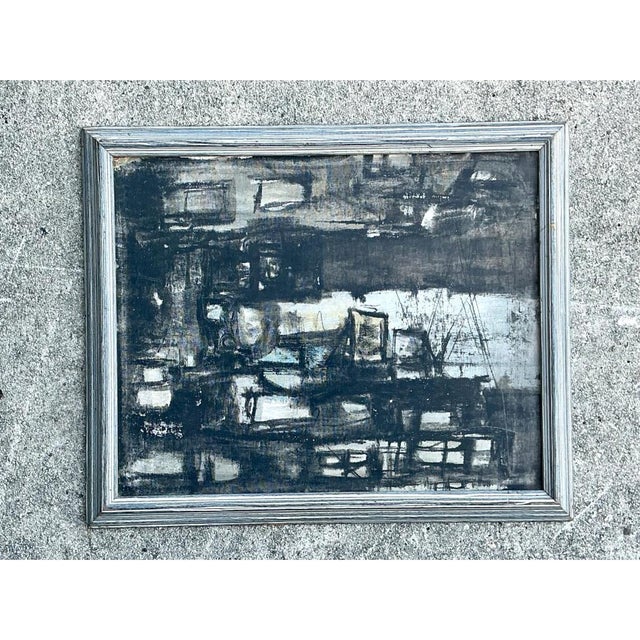 Capturing the moody atmosphere of mid-century abstraction, this original acrylic painting on board features a expressive...
