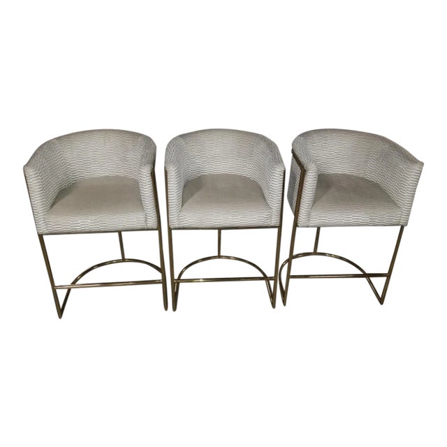 Mid Century Modern Barrel Back Bar Stools on Brass Bases Newly Reupholstered - Set of 3 For Sale