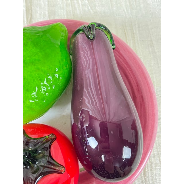Eggplant Vintage Art Glass Fruit Centerpiece on Portuguese Plate Tomato Lemon Eggplant For Sale - Image 8 of 10
