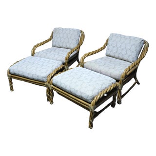 Vintage Pair of Organic Modern McGuire Twisted Bamboo Reclining Arm Chairs With Ottomans For Sale