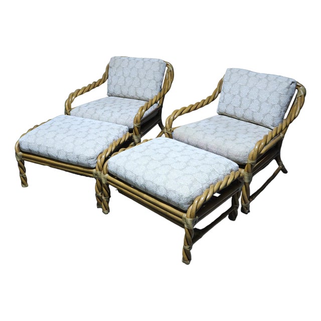 Vintage Pair of Organic Modern McGuire Twisted Bamboo Reclining Arm Chairs With Ottomans For Sale