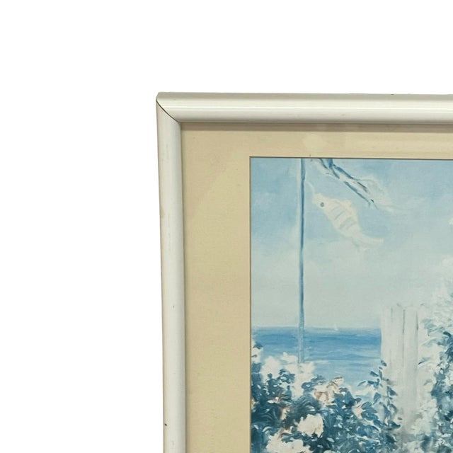 1970s Vintage Coastal Cottage Garden Landscape Print With Ocean View, Framed For Sale - Image 5 of 10