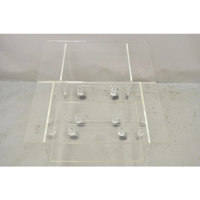 White Vintage Clear Lucite Acrylic Mid Century Modern Rolling Side Tables - A Pair For Sale - Image 8 of 11