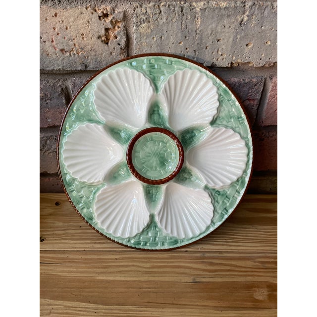 1930s French Longchamp Green and White Majolica Oyster Plate For Sale - Image 13 of 14