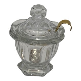 Vintage Baccarat Harcourt Missouri Crystal Mustard Jam Condiment Jar With Gold-Plated Spoon France C. 1960-1980s For Sale
