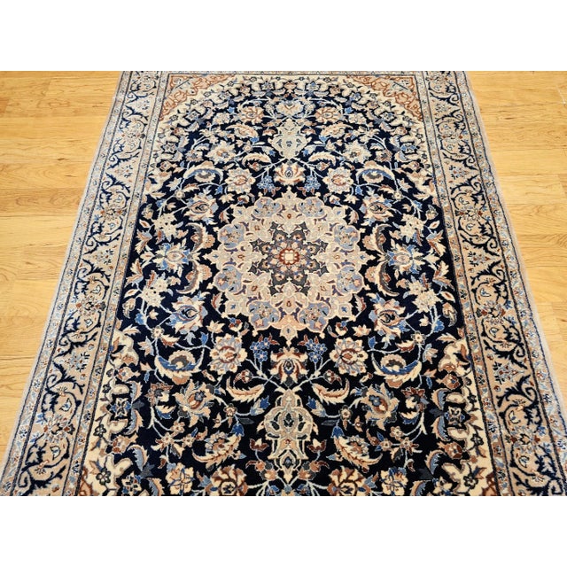 Blue Vintage Persian Nain Area Rug,Handwoven Floral Pattern, Navy & Ivory, 4’ X 6’ For Sale - Image 8 of 12