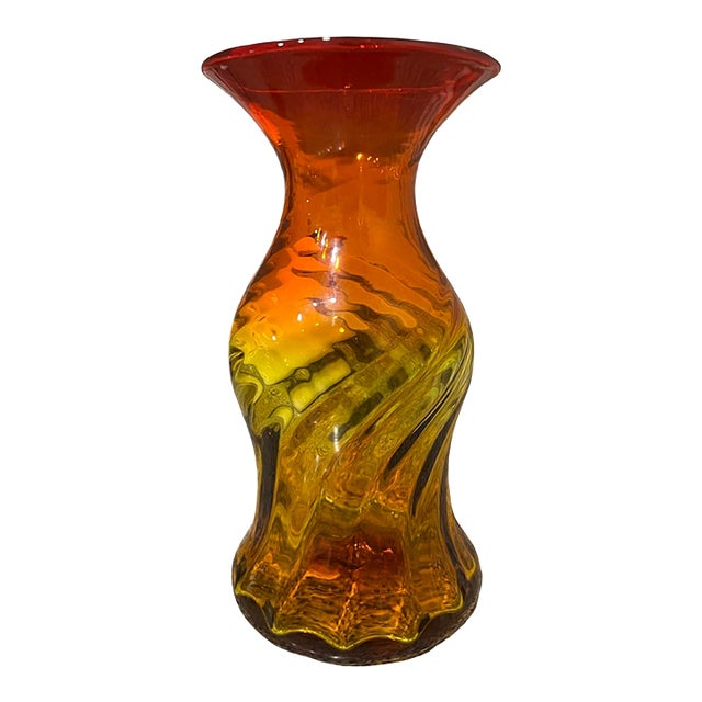 Vintage Mid Century Modern Blenko Amberina Twisted Blown Glass Vase Wayne Husted For Sale