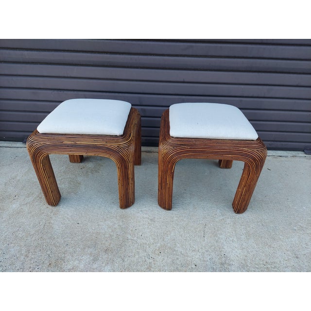 Pair of Mid Century Modern Pencil Reed Rattan Stools in The Style of Gabriella Crespi Circa Late 1970'S - Seats Covered in...