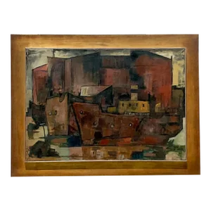 Vintage MCM Abstract Cubist Cityscape Signed Original Oil on Canvas