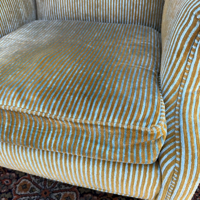Vintage Ethan Allen Traditional Chippendale Wingback Lounge Chair in Striped Olive Green For Sale - Image 13 of 17