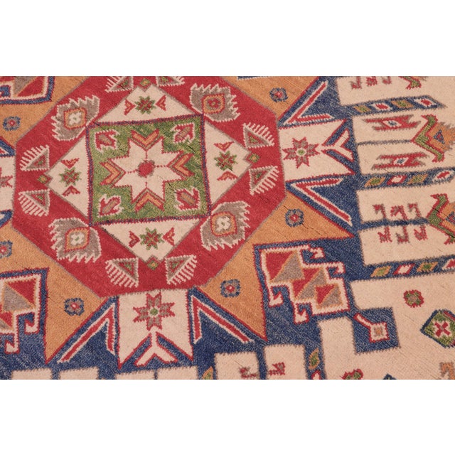 Rustic Kazak Ivory/Red Wool Round Rug- 6'5''x6'6'' For Sale - Image 4 of 10