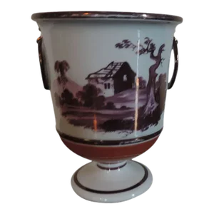 Antique Early 19th Century English Regency Porcelain Urn Vase With Pink Lustre Landscape Decoration on Orange Ground