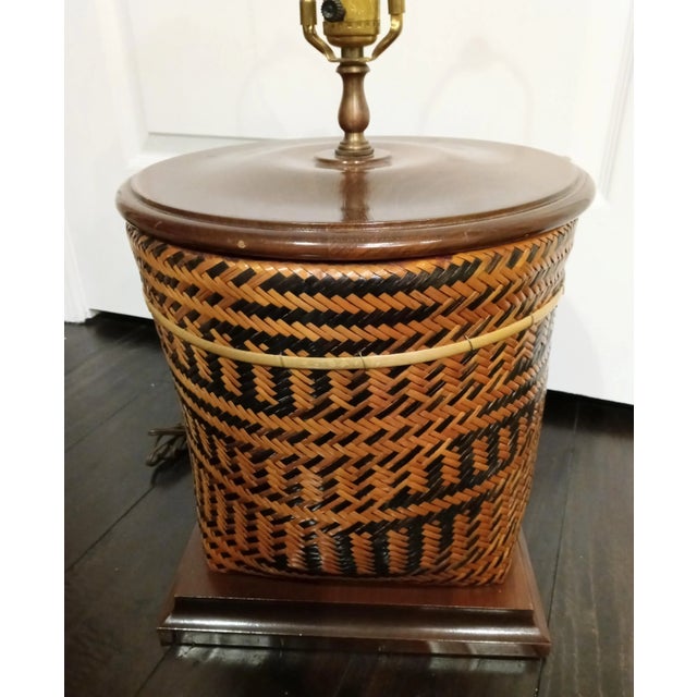 Wood Vintage Wicker Basket and Wood Base Large Table Lamp With Tan Linen Shade For Sale - Image 7 of 9
