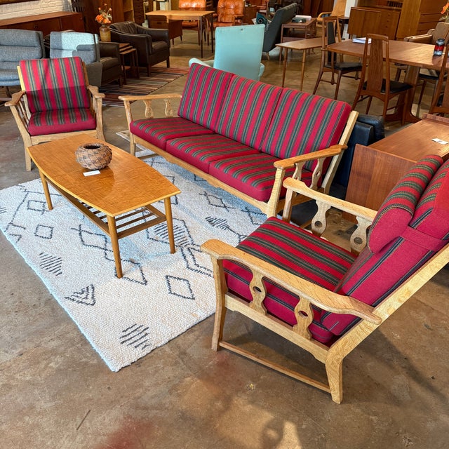 Mid 20th Century Henning Kjærnulf Carved Oak Sofa Set, Wool, Denmark, 1960s, Attributed For Sale - Image 5 of 6