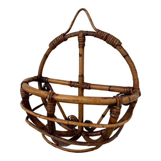 Boho Chic Bamboo & Rattan Round Wall Pocket For Sale