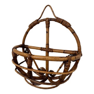 Vintage Boho Chic Bamboo & Rattan Round Wall Pocket For Sale