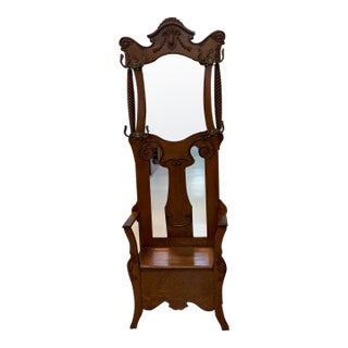 Antique Arts & Crafts Tiger Oak Hall Tree With Mirror & Storage Bench For Sale