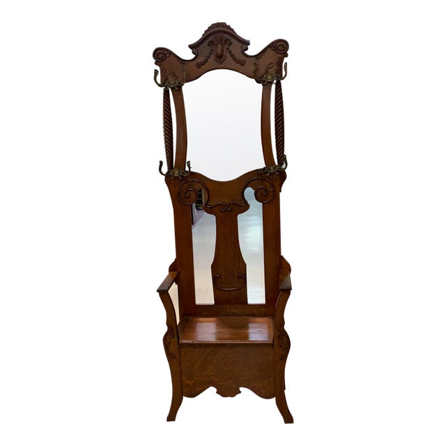 Antique Arts & Crafts Tiger Oak Hall Tree With Mirror & Storage Bench For Sale