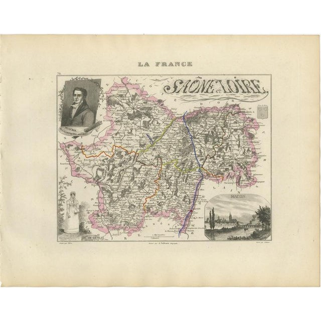 Antique Map of the Saône-Et-Loire, Mâcon and Chalon by Vuillemin, 1860 For Sale - Image 3 of 12
