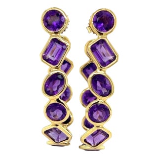 Mid 20th Century Pair of Amethyst Oval Bezel Set 18k Yellow Gold Inside Out Hoop Earrings For Sale