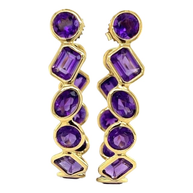 Mid 20th Century Pair of Amethyst Oval Bezel Set 18k Yellow Gold Inside Out Hoop Earrings For Sale