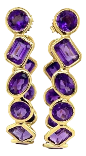Mid 20th Century Pair of Amethyst Oval Bezel Set 18k Yellow Gold Inside Out Hoop Earrings